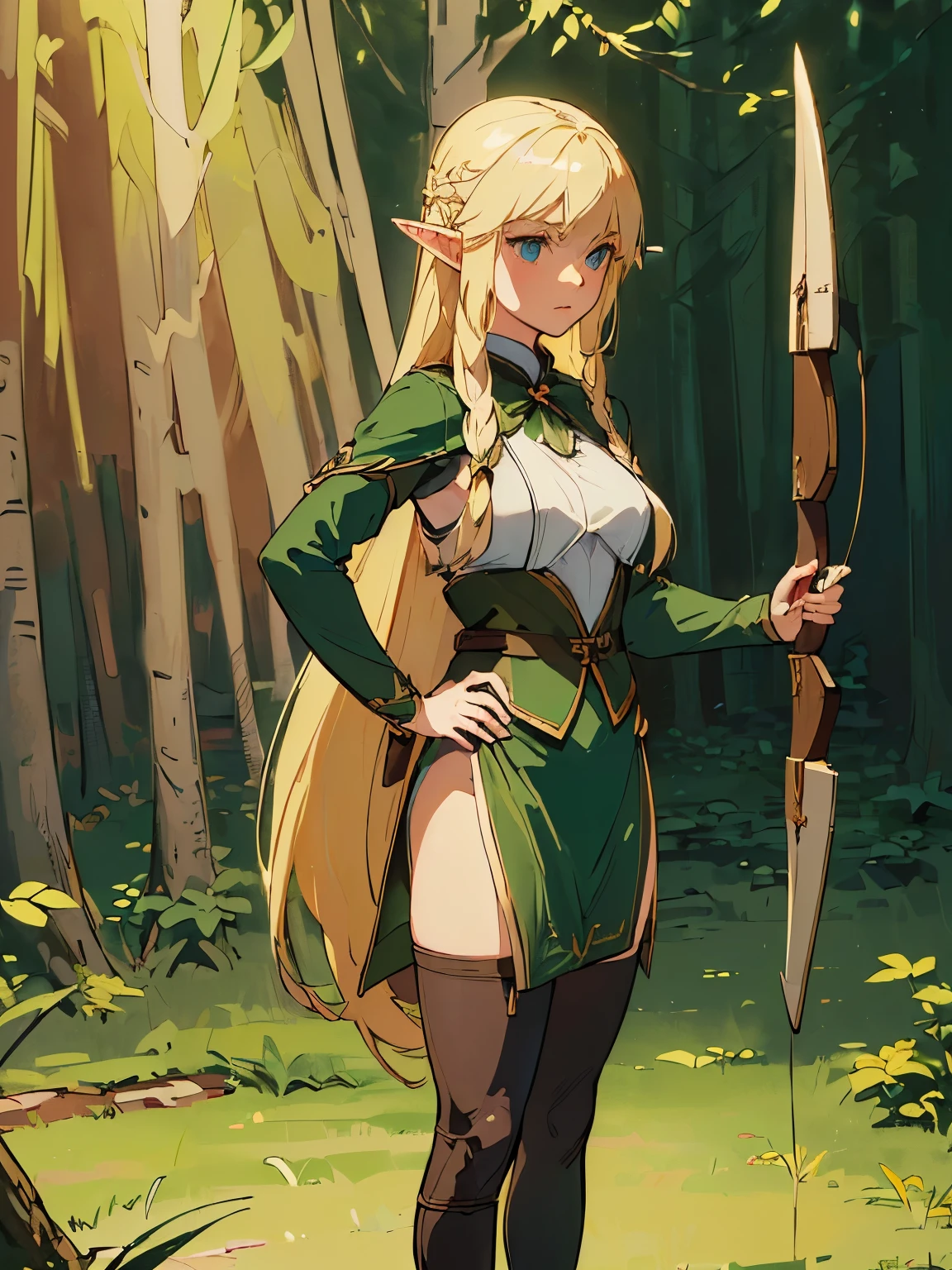 (((masterpiece))) ((( background =  thick forest : at night : detail ))) (((character = young elf female : elegant long blonde hair with straight bang : small breast : fit body : archer outfit : standing : taking aim with bow ))