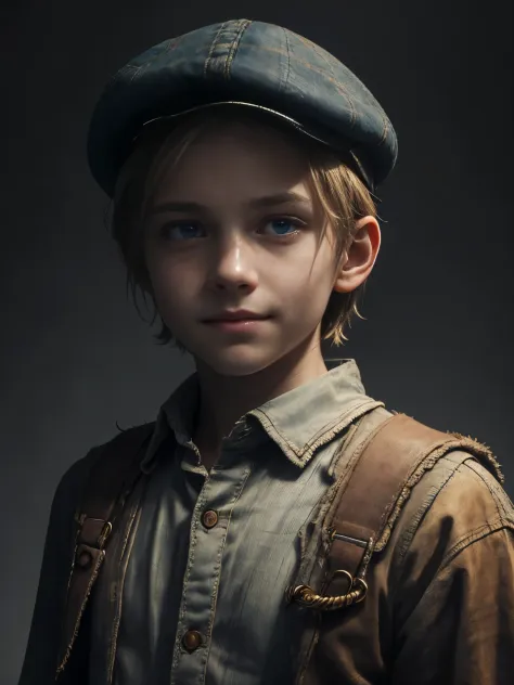 A haunting portrait of a young European boy, flat cap, short blond hair, blue eyes, poor, happy, smiling, Focus on realism and i...