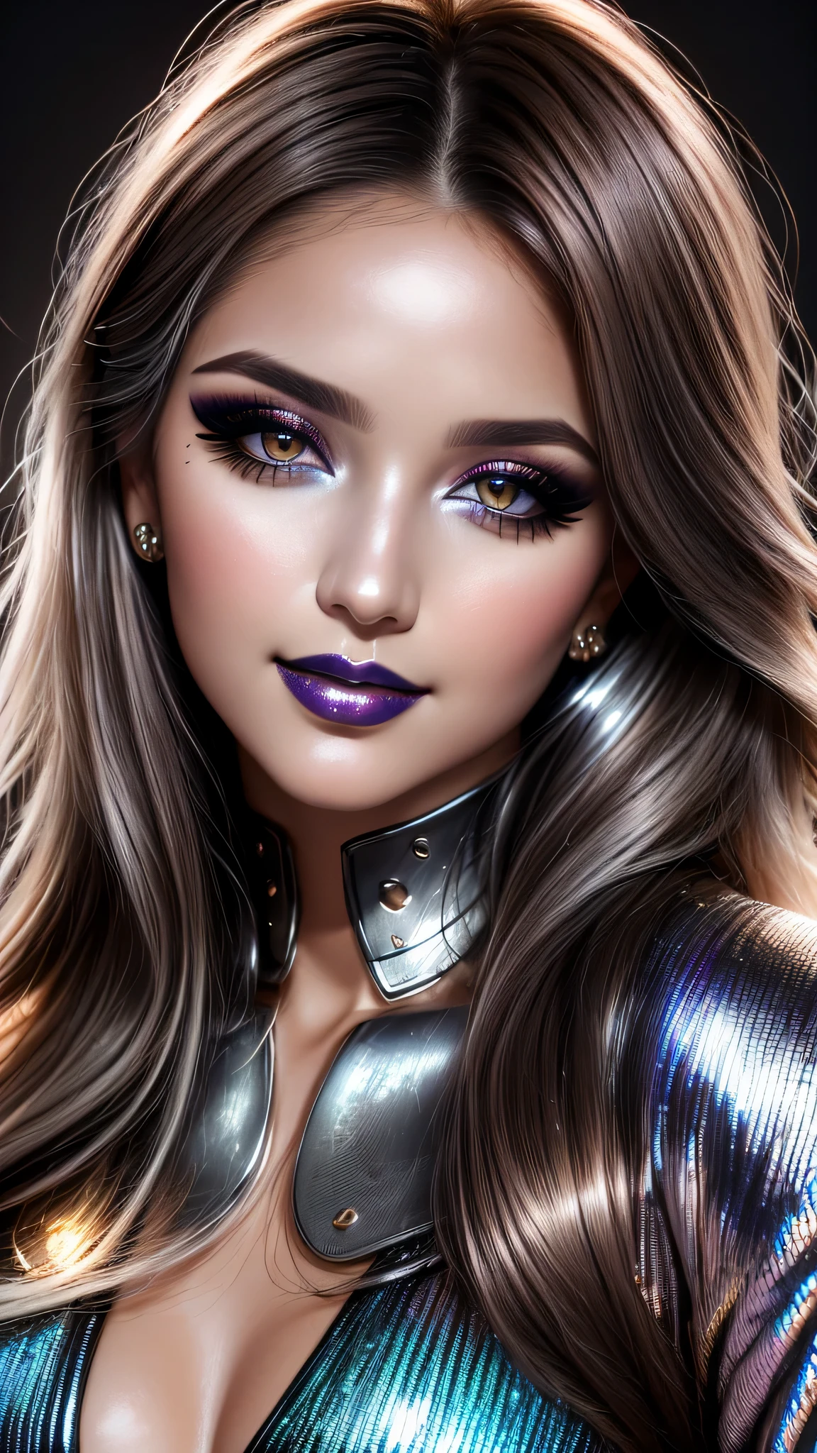 Ultra-realistic movie master pie with ultra-detailed primetime portraits, high quality, 8K, table top, Ultra HD), 1 girl 25 years old、fashion supermodel, ((Random style and color hair)), masterpiece, high quality, high quality, High resolution、(close up of face), black_mascara put in Long eyelashes:1.5, dark (eyesshadows:1.35), (Glossy) silver_lips:1.34, ((brown_eyes)), (iridescent eyes), vibrant eyes:1.35, high contrast, dark shot:1.5, (seductive smile), ((metalic_makeup cheeks:1.3))