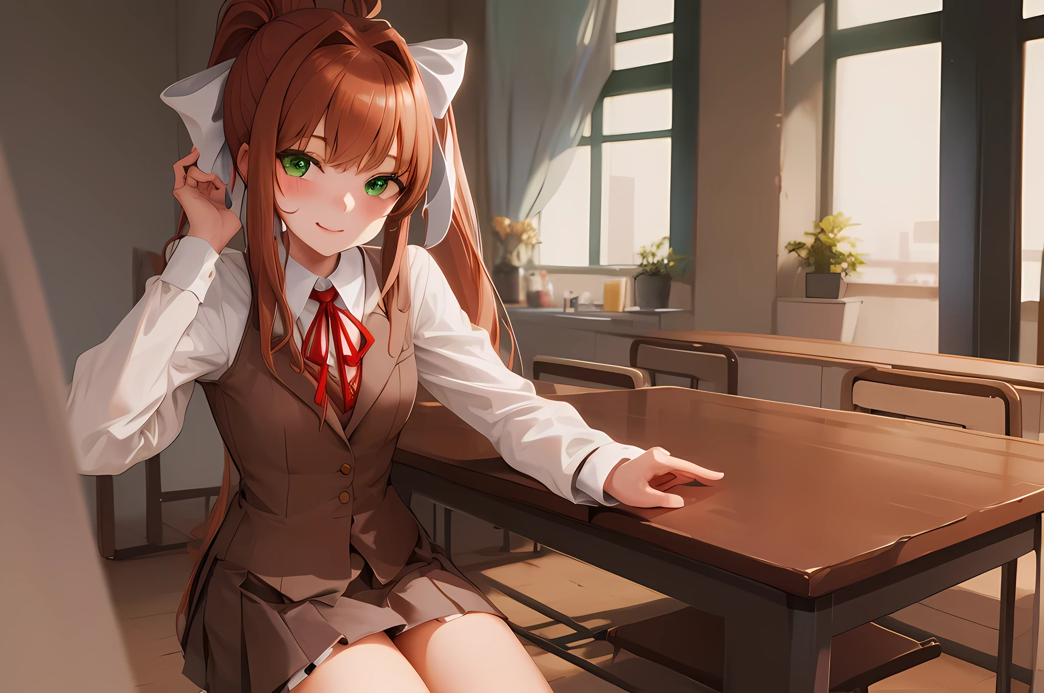 Anime girl sitting at a table with her hands on her head - SeaArt AI