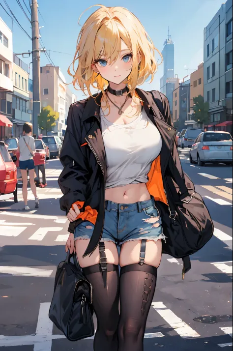 (masterpiece:1.2), best quality,pixiv,
 cool girl,glorious ,blonde hair, 
street,short shorts, big breast,