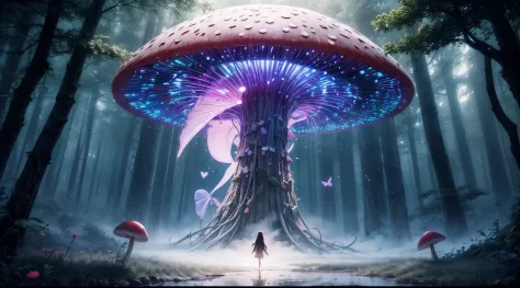 "Magical encounter, young girl exploring, gigantic mushroom, ethereal butterflies, misty wonderland, enchanting