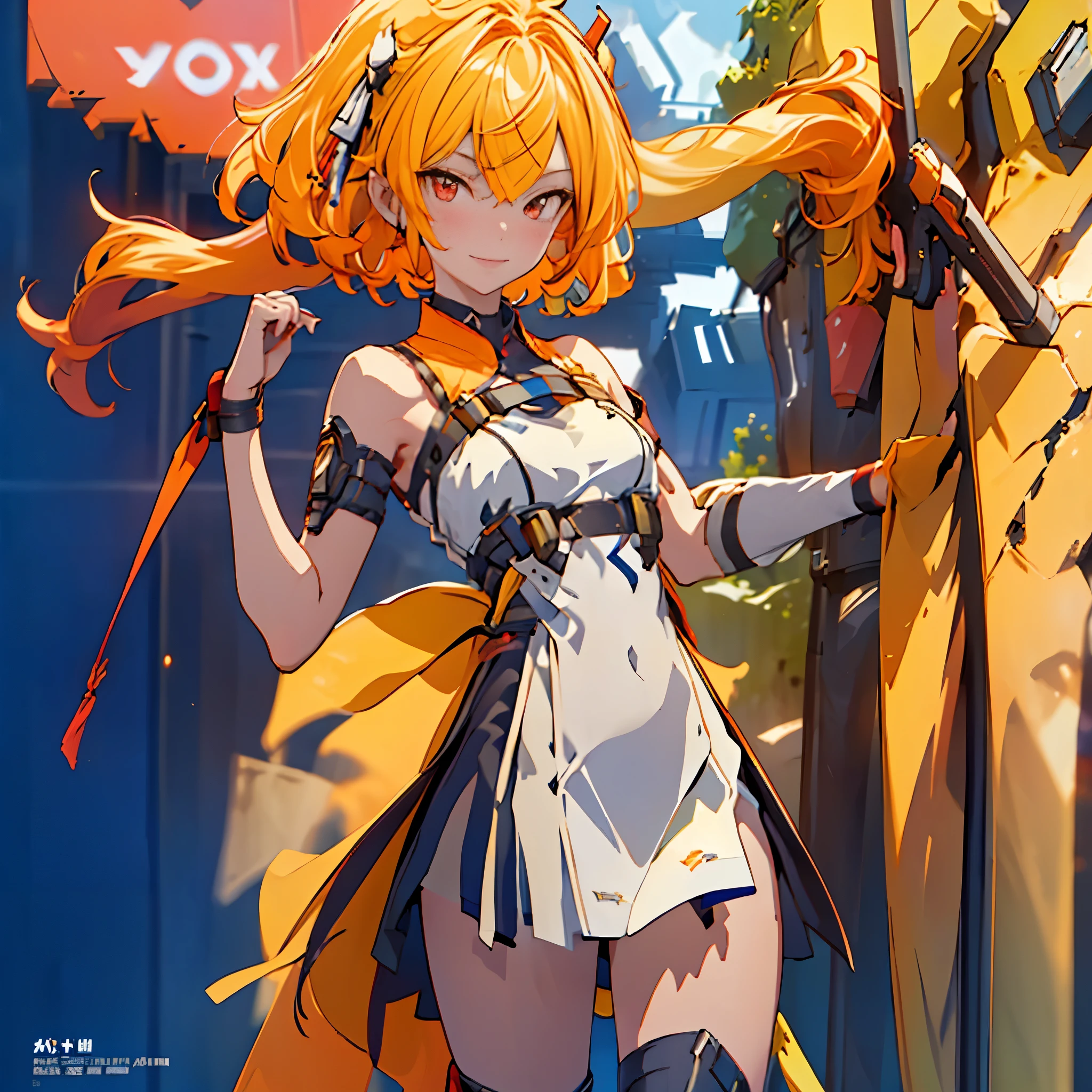 1 girl, tie up hair, short hair, short blond hair, red eyes, innocent smile, black mech armor, cool and sexy face, black thigh knee sock, Sharp face, Yellow ribbon, battlefield, outside, black crown,  standing, ,Fenny Coronet, Shotgun , one person, alone, 1 head, 2 hands, 2 legs , High Res , UHD , 4k , 8k ,The text is bold and eye-catching，With catchy slogans，Adds to the overall drama and excitement。The color palette is dominated by dark colors, poster , magazine cover ，Make the poster dynamic and visually striking，(Magazines:1.3), (Cover-style:1.3)