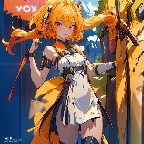 1 girl, tie up hair, short hair, short blond hair, red eyes, innocent smile, black mech armor, cool and sexy face, black thigh knee sock, Sharp face, Yellow ribbon, battlefield, outside, black crown,  standing, ,Fenny Coronet, Shotgun , one person, alone, ...