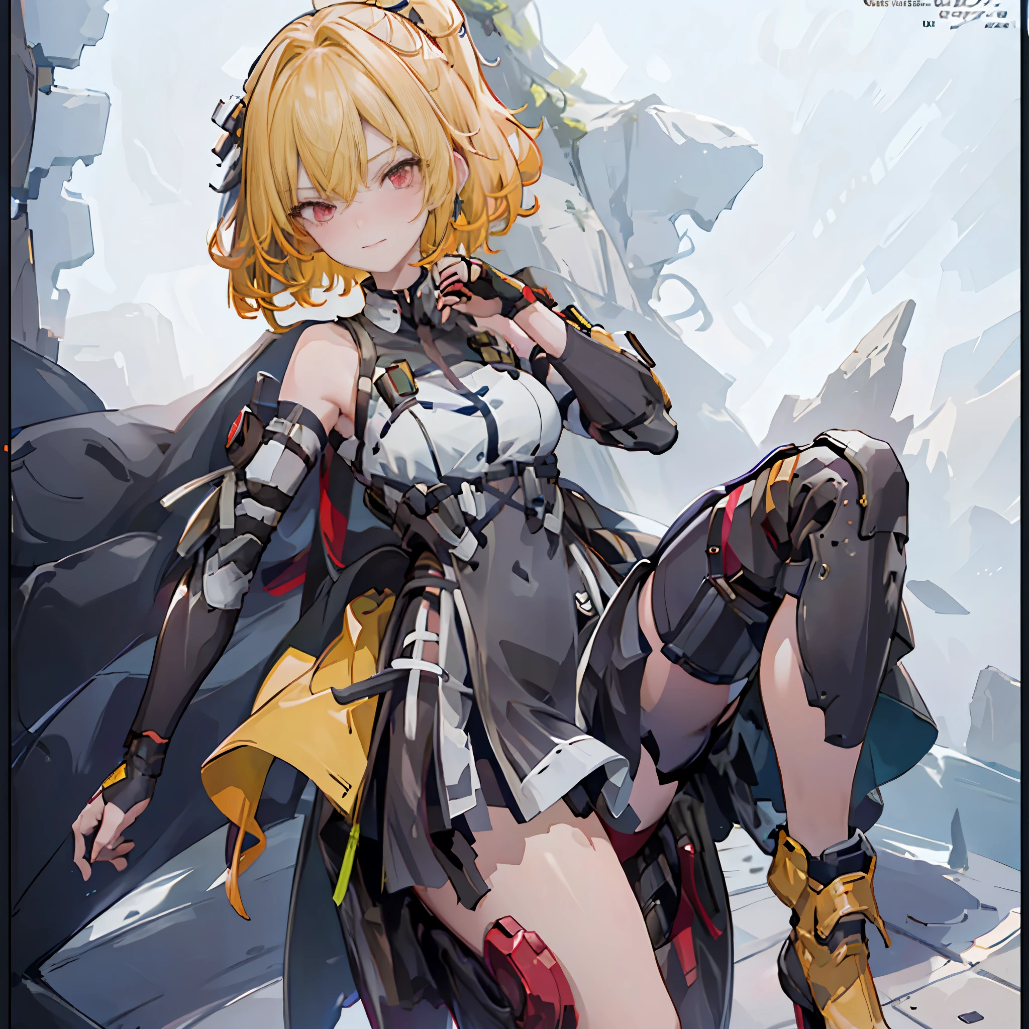 1 girl, tie up hair, short hair, short blond hair, red eyes, innocent smile, black mech armor, cool and sexy face, black thigh knee sock, Sharp face, Yellow ribbon, battlefield, outside, black crown,  standing, ,Fenny Coronet, Shotgun , one person, alone, 1 head, 2 hands, 2 legs , High Res , UHD , 4k , 8k ,The text is bold and eye-catching，With catchy slogans，Adds to the overall drama and excitement。The color palette is dominated by dark colors, poster , magazine cover ，Make the poster dynamic and visually striking，(Magazines:1.3), (Cover-style:1.3)