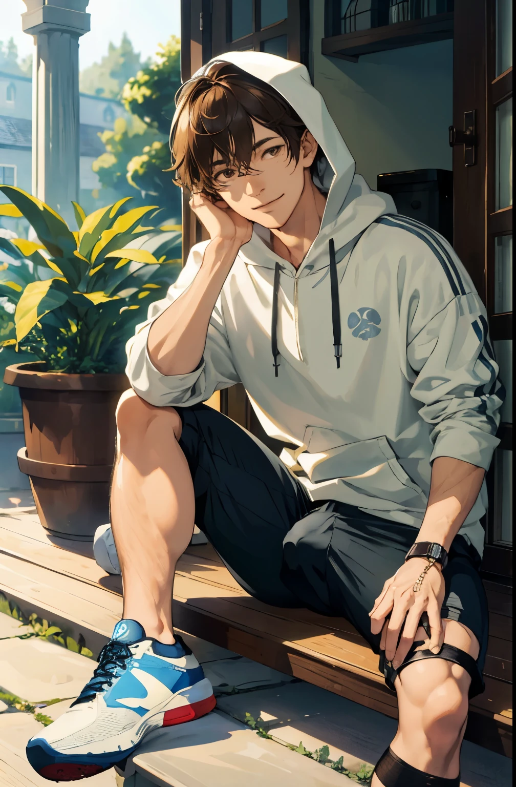 masterpiece, solo, best quality, 1 male, young adult, tall muscular, handsome, finely detailed eyes, intricate details, casual clothes, oversized hood, shorts, tennis shoes, messy brown hair, mid length hair, complex pattern, best light and shadow, background is inside of house, sitting, dappled sunlight, day, depth of field, plants, summer, colorful, artistic, depth of field, smile, closed mouth