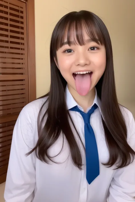 highest quality、8K、32K、masterpiece、one high school girl with long hair、beautiful japanese woman、heavy bangs、long sleeve shirt、hair length、school uniform、Open your mouth wide and stick your tongue out、smile、Pillow under the head、See here