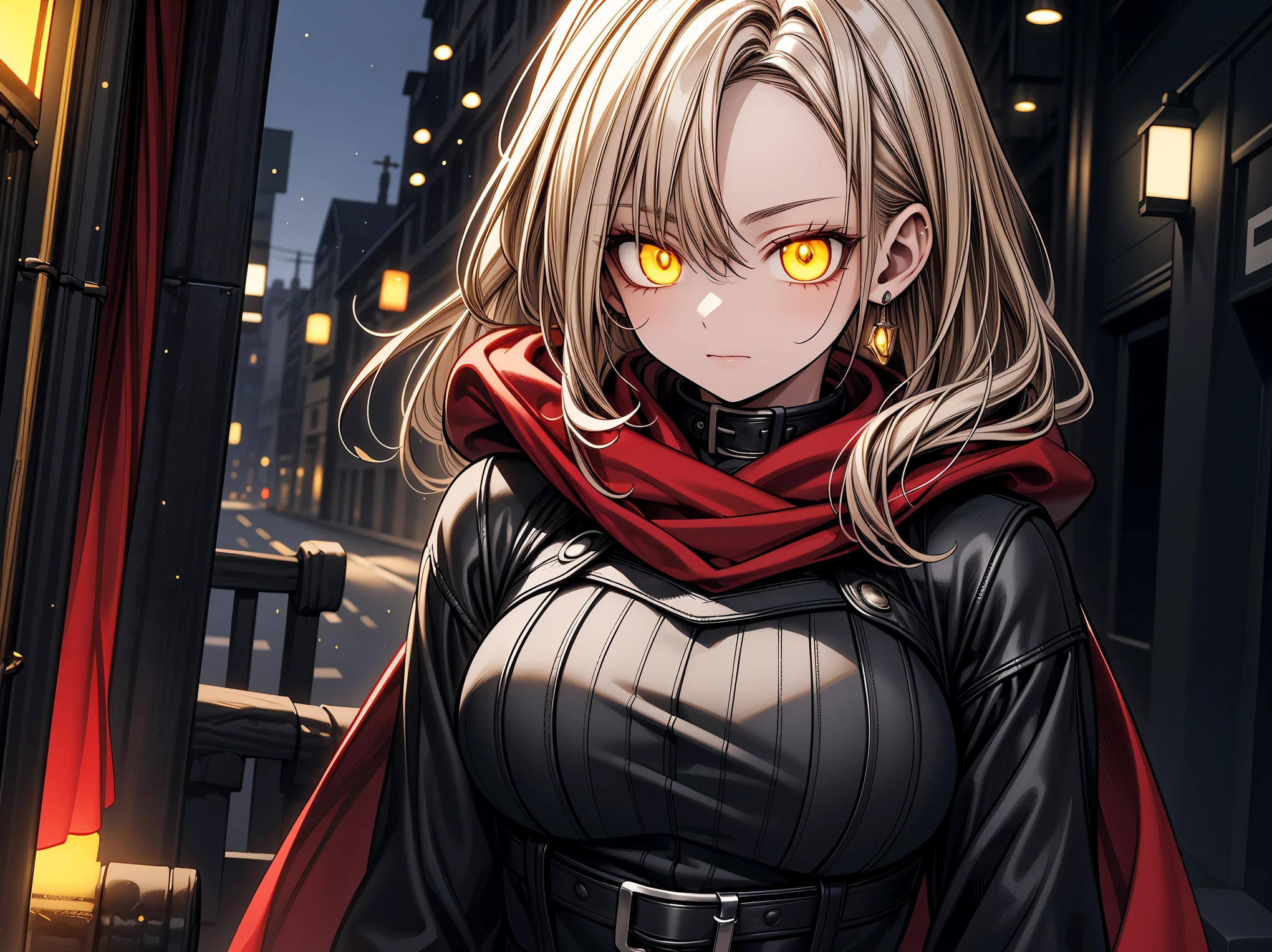 Best quality, masterpiece, (large breasts), detailed skin texture, detailed cloth texture, detailed face, super detail, 8k, intricate detail, 1girl, 30 years old, high contrast, high resolution eyes, blonde, dagger, cloth hood, red face scarf, dark green leather armor, cloak, rogue outfit, red scarf over face, hiding, dark:1.4, night time:1.2, sneaking, moonlight, alleyway, ((bright yellow eyes:1.4, glowing eyes:1.4), hiding pose, 