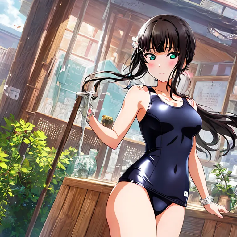 best quality, very aesthetic, super detailed, best illustration, 1girl, おっぱい, black_hair, one-piece swimsuit