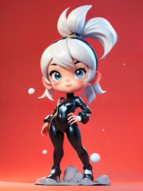 1 cute little girl, popmart blind box design, white hair, double ponytail, black tights, black jumpsuit, bodysuit, navel, update...