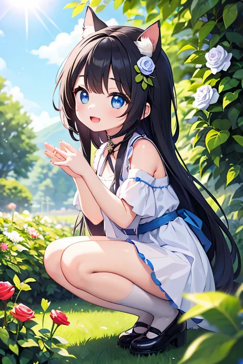 The girl is、neat hair ornament、cute surreal body bien、black hair、(detailed eyes、eyes like jewels、sparkling eyes:1.3)、open mouth smile、blue sky、Cute shoes、garden、sunlight filtering through the foliage、smelling the rose flowers、Taken from the side