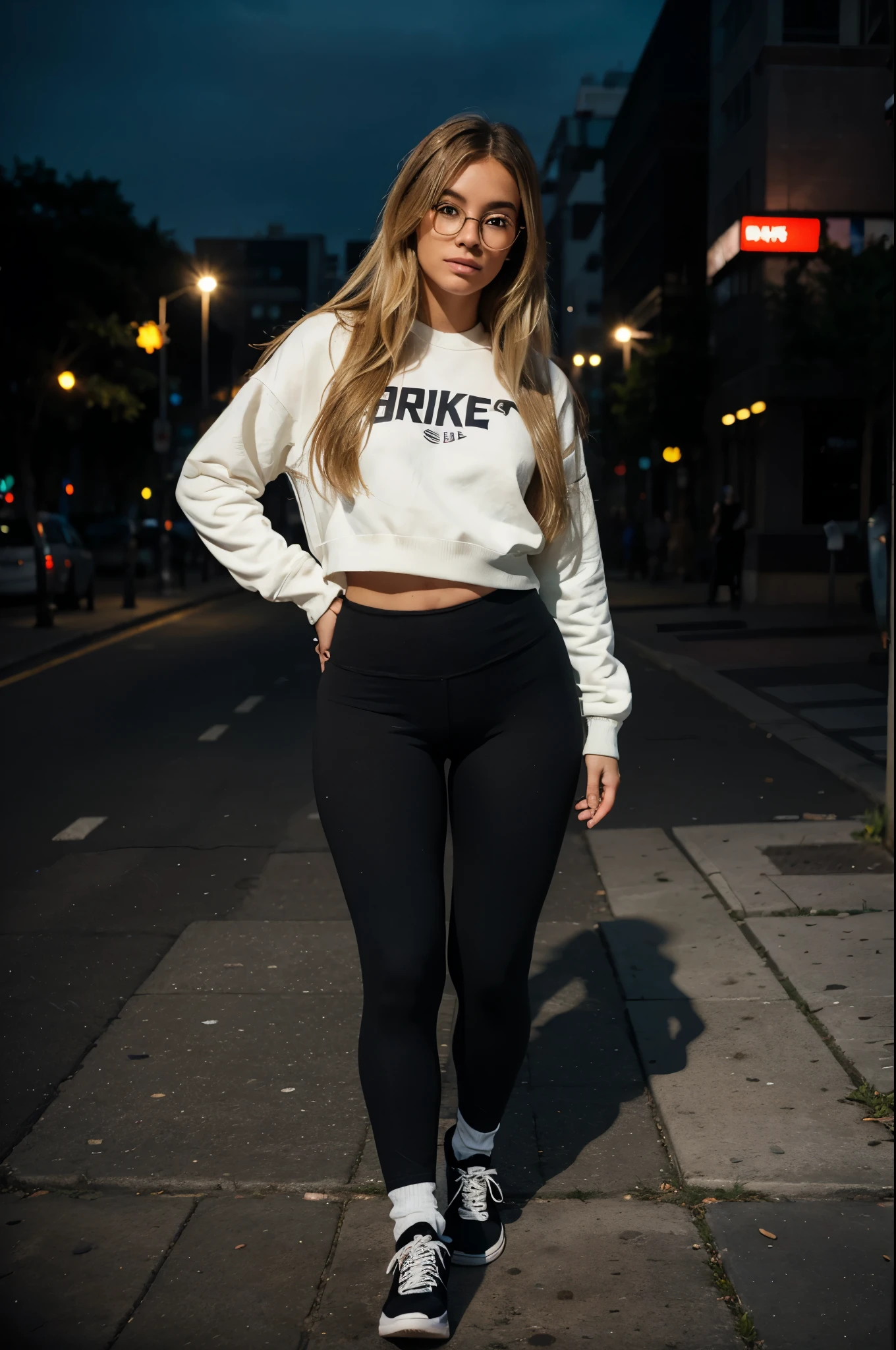 A woman in a white shirt and black leggings standing on a sidewalk - SeaArt  AI