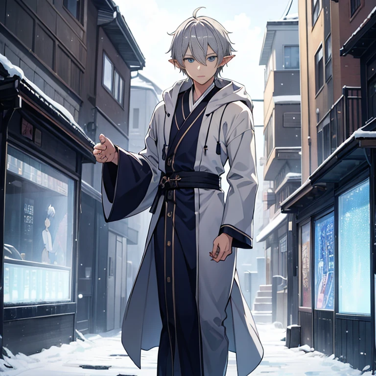 ((High resolution))、((modern anime))、elf、(male)、short gray hair、(dark blue eyes)、wearing a robe、wearing a robe、walking through the winter city、adorable、