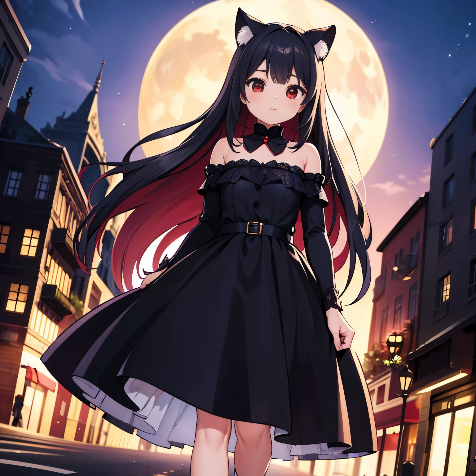 (((Top quality and highly detailed photorealism)))，((Vampire Woman: Red Eyes、Very ),(Walk gracefully along bustling  boulevards),(In the moonlight),(a scene from a movie:1.2))