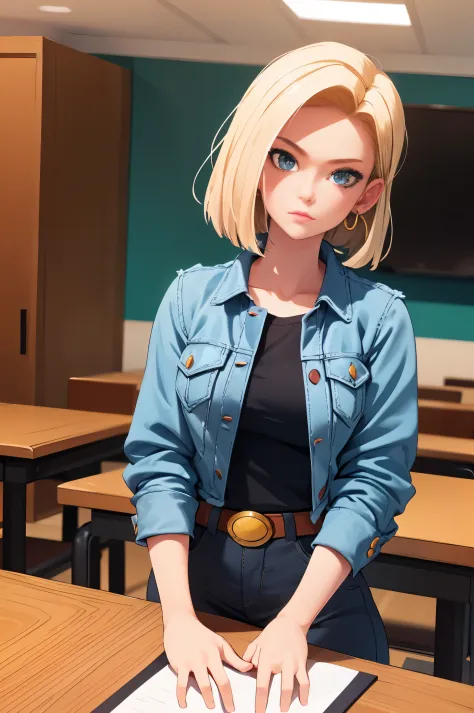 (table top, highest quality), 1 girl, beautiful face, beautiful body,  android 18, earrings, denim, belt bag