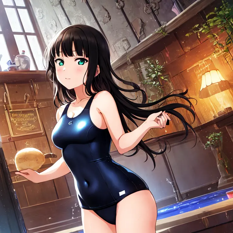 best quality, very aesthetic, Super detailed, best illustration, 1girl, おっぱい, black_hair, one-piece swimsuit