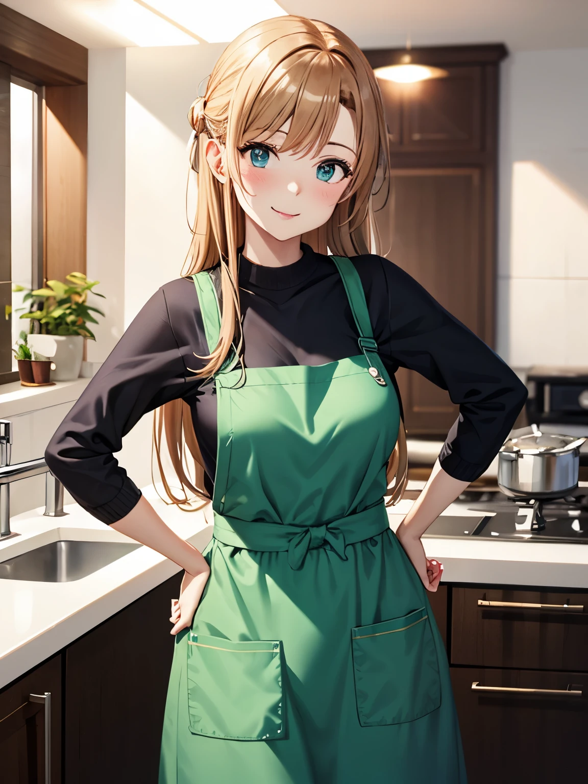 woman portrait ,20 years,Upper body,Jeans、黄色色のapron、シロ色shirt、Ｔshirt、sweater　clothes,shanghai street,cinematic lighting,green eyes、smile、blush、beautiful tidy hair、straight、apron、hands on hips、黄色いapron、brown crab