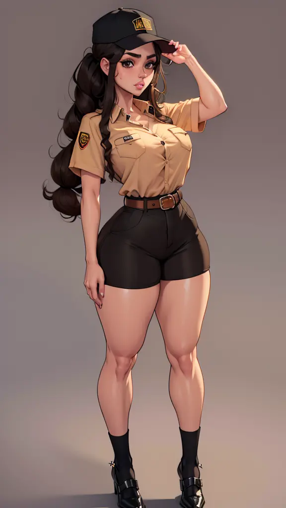 Mujer con uniforme de UPS, formal brown button down shirt, shorts formales de UPS cafe, gorra caqui, belt, camisa fajada, cabell...