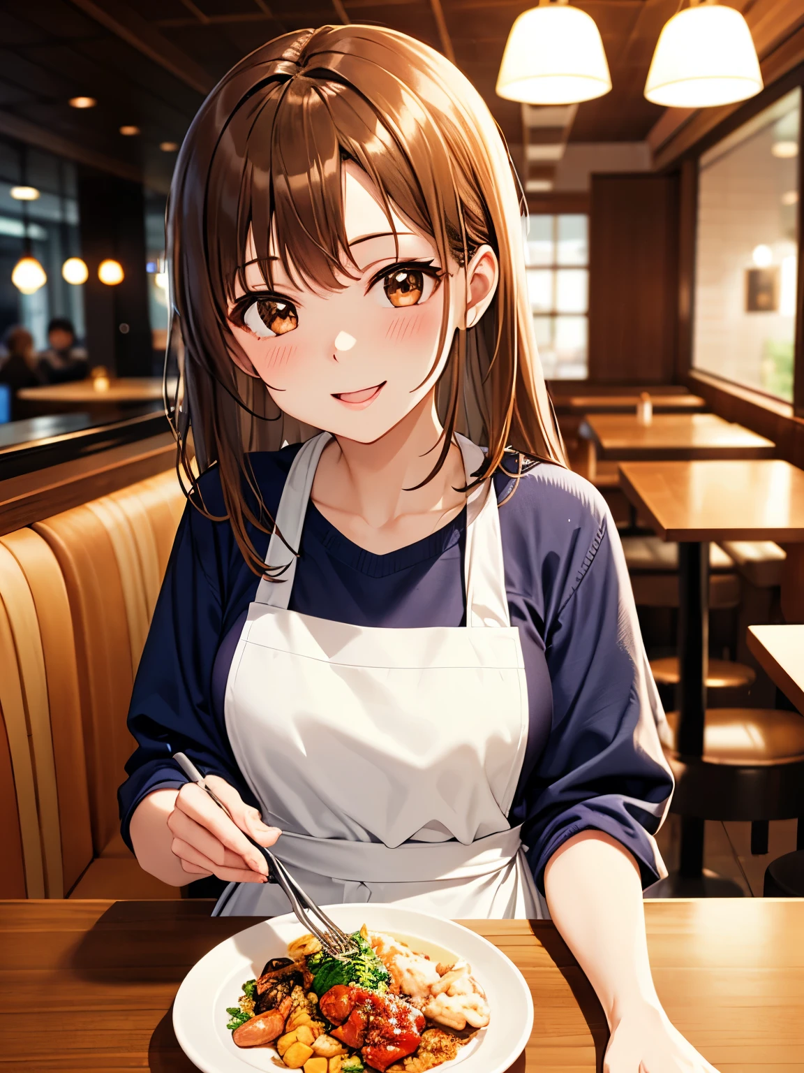 woman portrait ,20 years,Upper body,Jeans、apron、シロ色shirt、Ｔshirt、sweater　clothes,restaurant,cinematic lighting,brown eyes、smile、blush、beautiful tidy hair、straight、apron、apron、brown crab