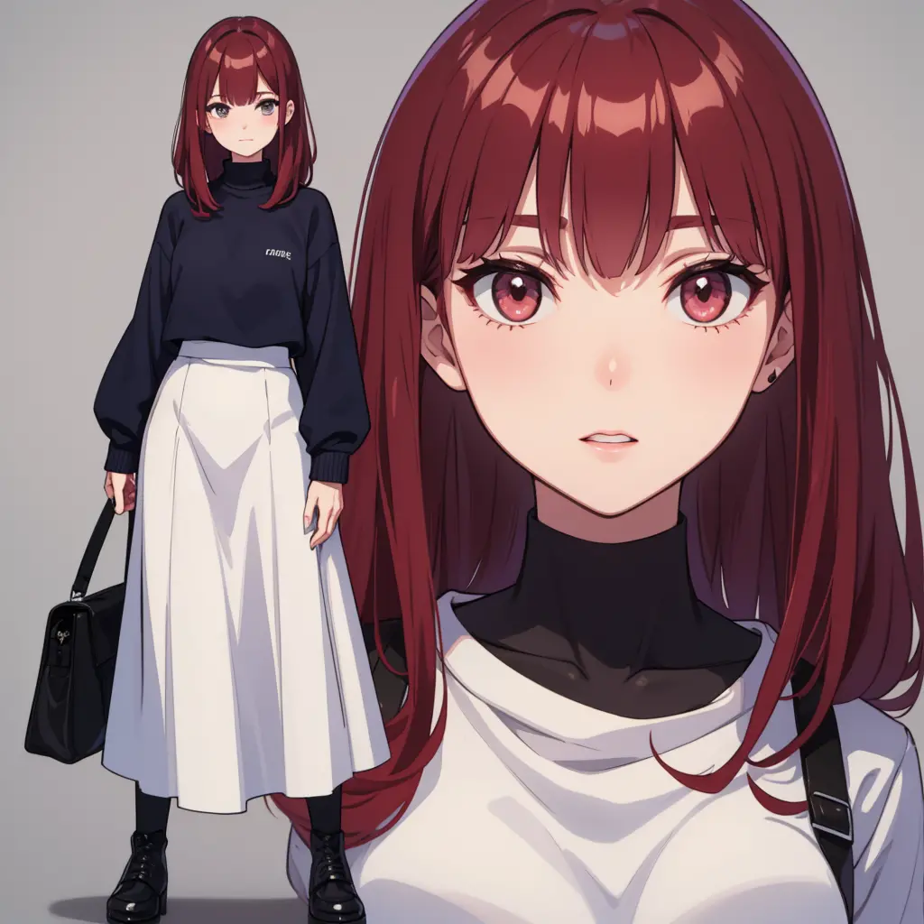 woman、full body shot、blank background、long skirt、navy turtleneck sweater、looking here、red hair、have bangs、black boots、added a cl...