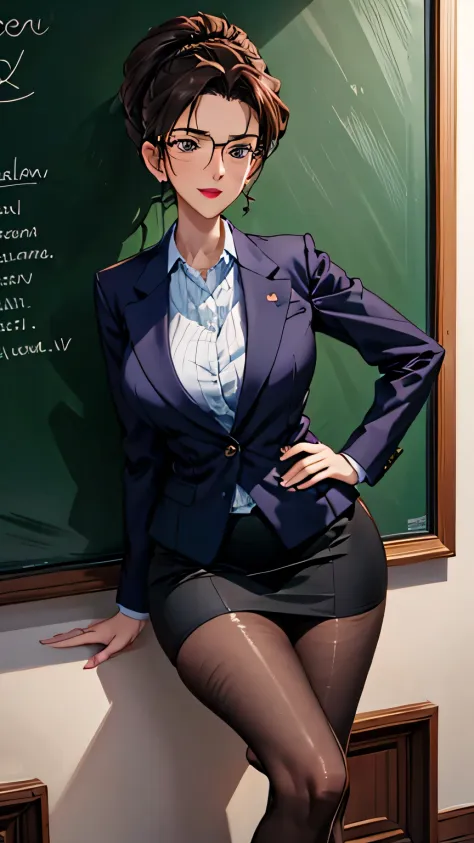 A beautiful teacher in a suit is standing in the room, There is a blackboard on the wall behind her, Beautiful teacher, Sexy, al...