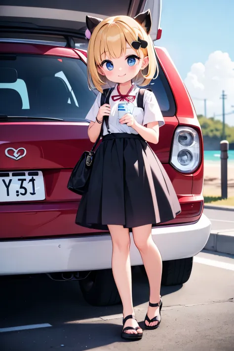 Octane Render、(hyper detail:1.15)、(soft light、sharp:1.2)、morning、Girl posing in front of colorful EVs in a parking lot near the beach、Characteristic hair ornament、Cute shoes、smile、shining light、Bokeh effect strong