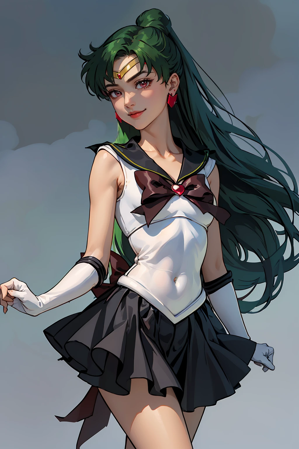 Masterpiece, Best Quality, High Resolution, 1girl, Solo, Ponytail, Green Hair, (Elbow Gloves), Headdress, dark red Bow, Tight Top, (Black Sailor Collar), White Gloves, Earrings, Smile, Black Skirt, (Sailor Pluto Uniform), (Sailor Pluto Uniform), standing, looking at the camera, dynamic poses. Leng Jun, White Top, Elbow Gloves