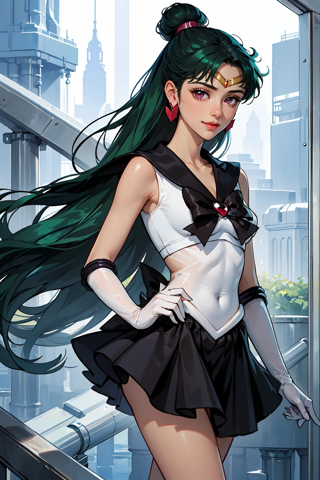 Masterpiece, Best Quality, High Resolution, 1girl, Solo, Ponytail, Green Hair, (Elbow Gloves), Headdress, dark red Bow, Tight Top, (Black Sailor Collar), White Gloves, Earrings, Smile, Black Skirt, (Sailor Pluto Uniform), (Sailor Pluto Uniform), standing, looking at the camera, dynamic poses. Leng Jun, White Top, Elbow Gloves