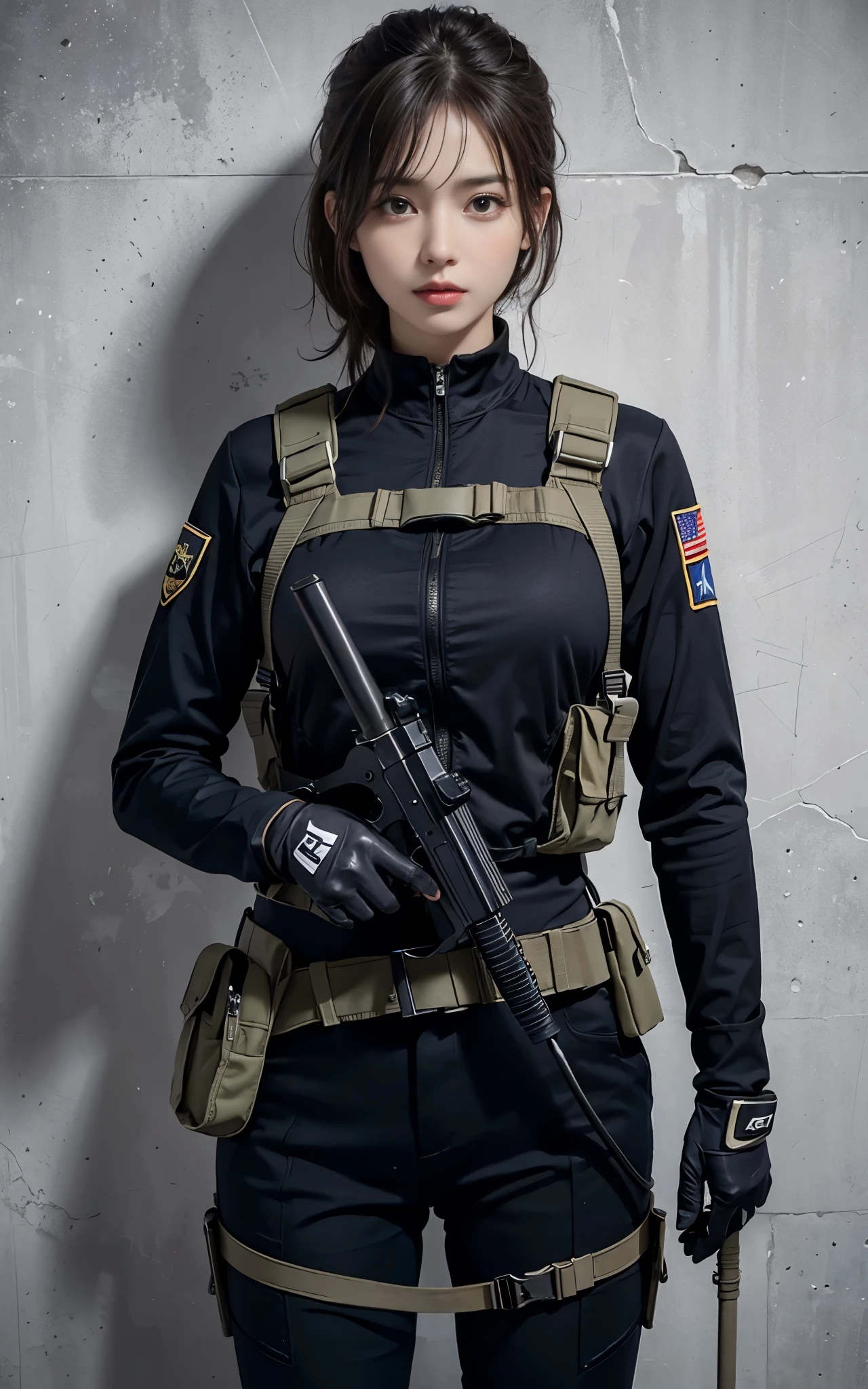 ((Best Quality, 8K, Masterpiece: 1.3)), ((best quality)), photorealistic, photorealism, 1girl aiming with an ak-47 assault rifle, Combat pose, Photorealistic, high resolution, looking to the camera, (Detailed face), short black hair, blue rubber suit, military harness, revealed thigh, Gun,black gloves, high-tech headset, Fingers are occluded, concrete wall background,