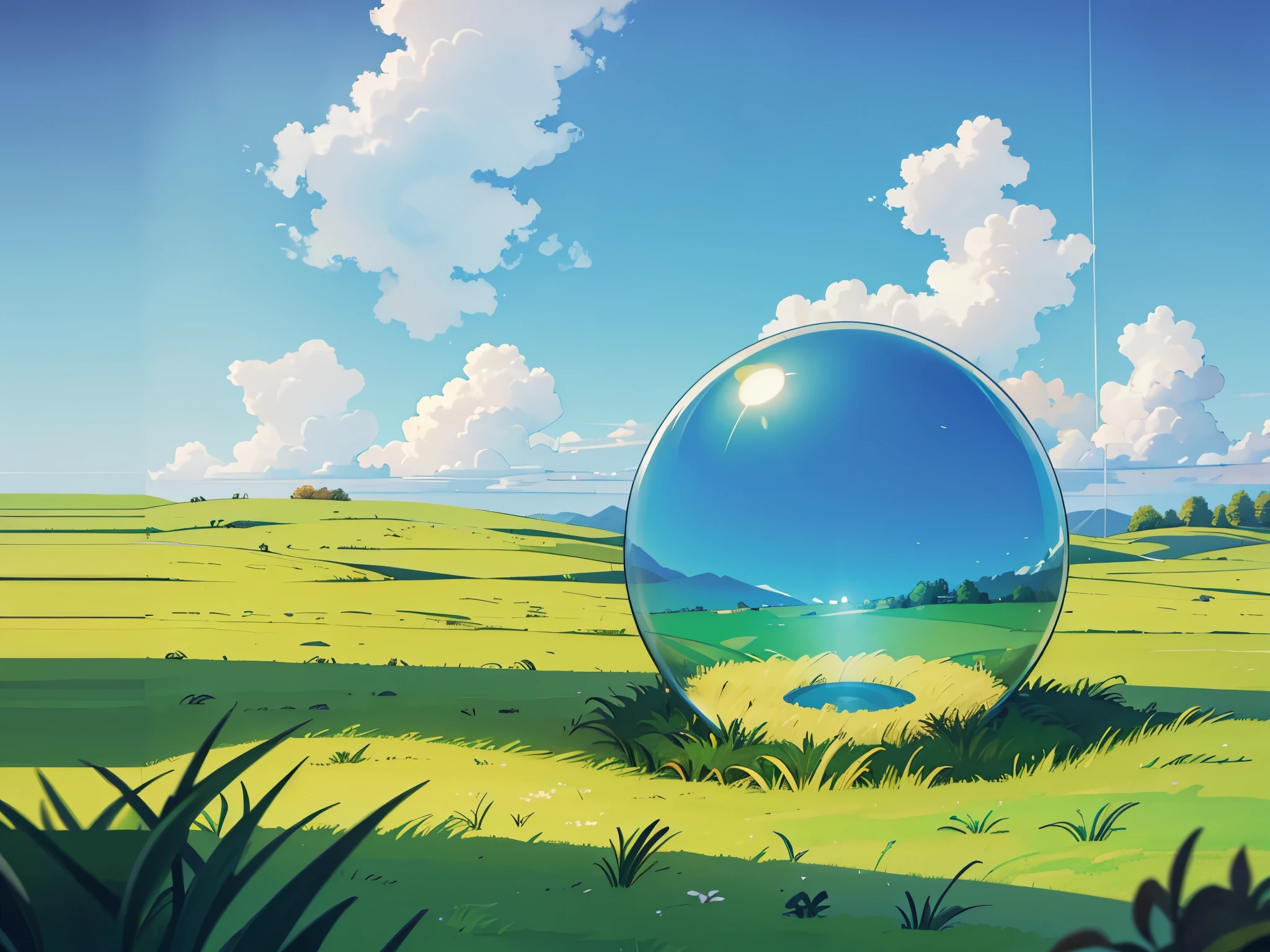 green glass globe on grass with sky in the style of macrorealism