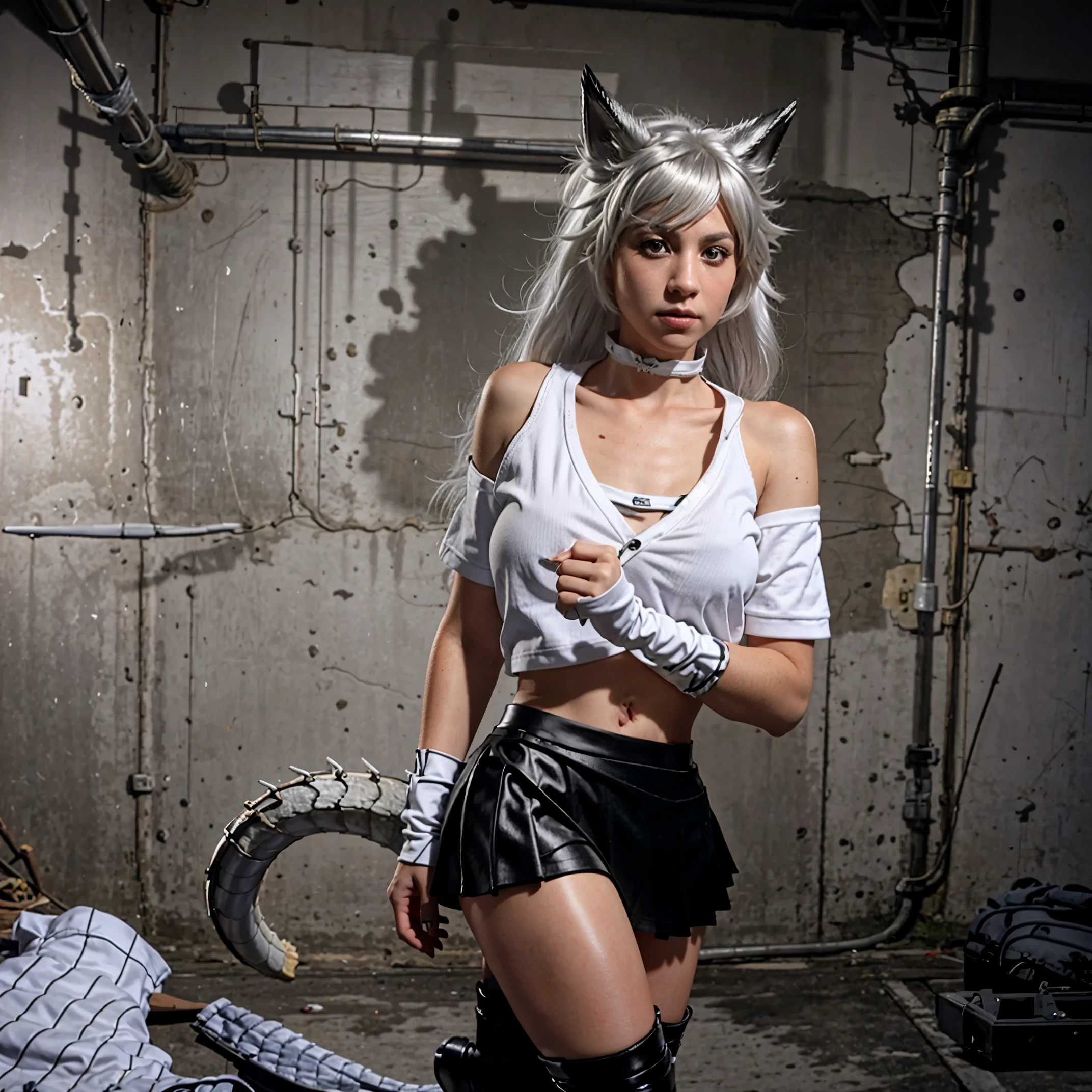 8k, resolution, high quality, high resolution, best quality, extremally detailed, best resolution, absurd resolution, ray tracing, high detailed, masterpiece, extremely detailed,shoulder length white hair, female,2 white wolf ears, teenage girl, slim body, white scale dragon tail,black boots,black leggings, navel blue school skirt, sailor shirt, white jacket, medium size chest, detailed blue eyes, detailed beautiful face,solo female,1 dragon tail, detailed eyes, tomboyish, dragon tail, white scales, 