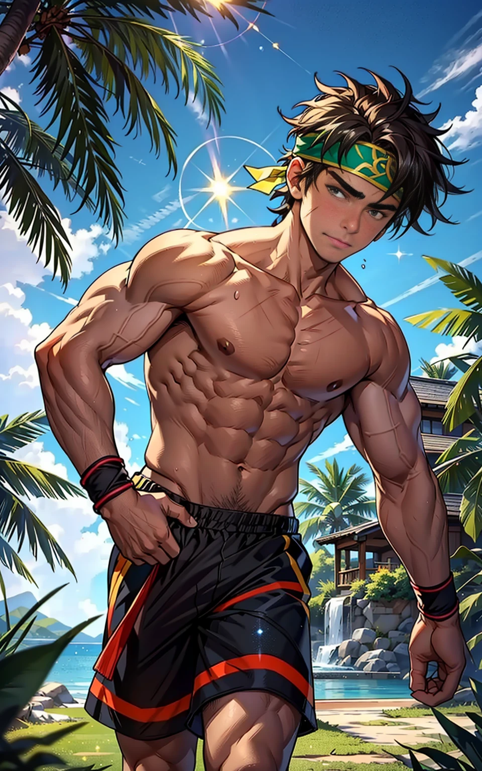 (Masterpiece, Best quality 12 year old boy，Shota), 1boys, Young,Muscular, Short hair, Intricate, Grass, full bodyesbian, Shirtless, Topless, Muscles sparkle in the sun,Black shorts, green headband, Vivid colors,(Depth of field:1.2),(Abs),wristband, dynamic pose, fighting, view the viewer, face forward
