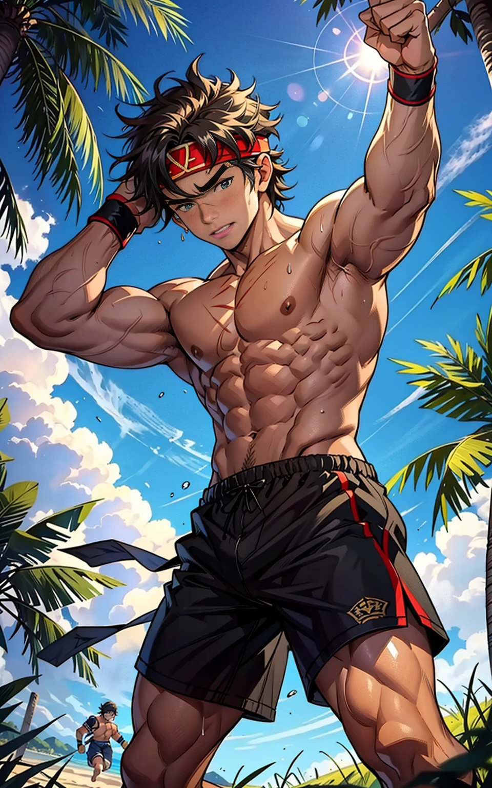 (Masterpiece, Best quality  boy，Shota), 1boys, Young,Muscular, Short hair, Intricate, Grass, full bodyesbian, Shirtless, Topless, Muscles sparkle in the sun,Black shorts, green headband, Vivid colors,(Depth of field:1.2),(Abs),wristband, dynamic pose, fighting, view the viewer, face forward