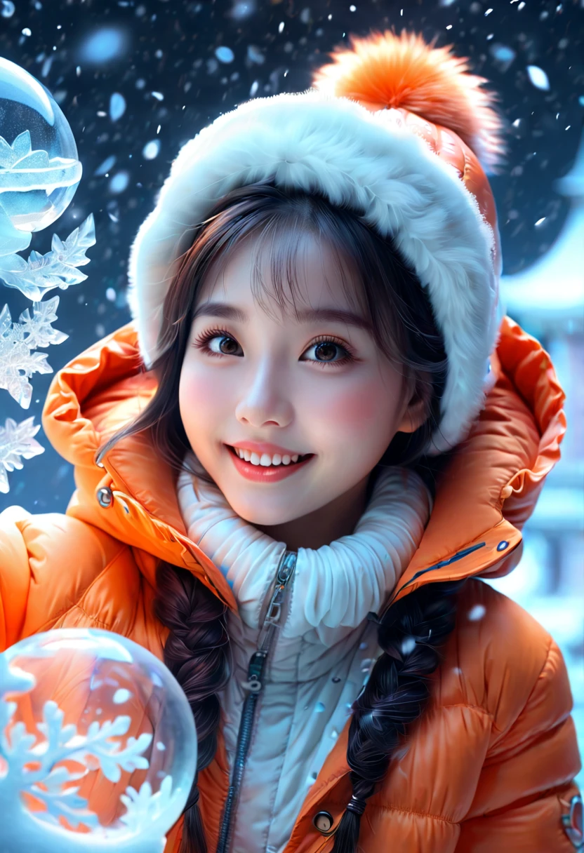 An imaginative and detailed illustration of a fantasy female friend, depicted as a cute and beautiful girl. Her face is lit up with a happy smile, and she is fashionably dressed in a bright orange puffer jacket. The setting is a magical ice sculpture world, with an icy, snowy landscape filled with snowflakes. The girl is a blend of wisdom, beauty, and diligence, representing a sweet and ideal character. The image is created with creative flair, showcasing the girl enjoying herself in this enchanting, frosty environment, embodying a sense of joy and wonder, , (花卉水彩画:1.5)，(超高饱和度, 色彩明亮鲜艳:1.5), (nsfw), (正面看着观众:1.5)