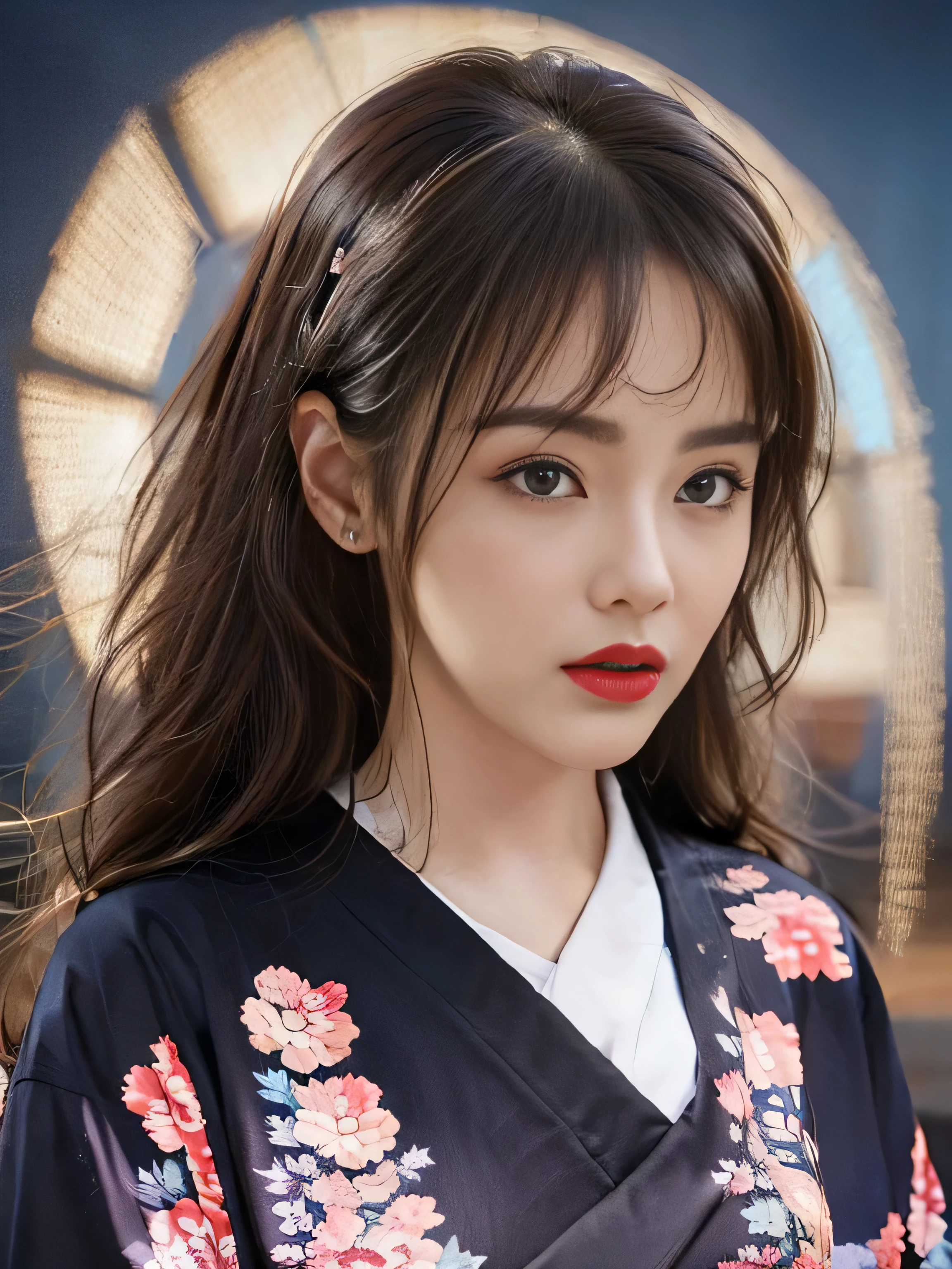 1 female、(super beautiful)、(Beautiful and sad face:1.5)、(detailed face:1.4)、Early 30s、(red pattern on black kimono:1.3)、(Wearing heavy makeup)、(red lips:1.3)、brown hair、(Just after sunset:1.2)、(The sky changes from sunset to night:1.3)、(Backlight)、If someone takes you、I want to kill you、Joren Falls、I want to see you even if I pass through the dazzling flameountain. Gancheng、unforgivable love
