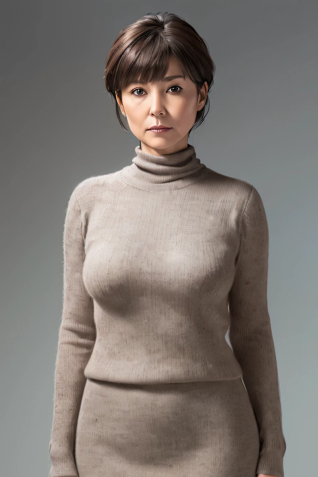 High resolution, High resolution, high detail, realistic, rough skin, anatomically correct, sharp, 
gray background,
((stand facing forward、Staring at the viewer&#39;serious face eyes.))
sweater, skirt,
((50 year old japanese mature woman, bangs, well-shaped small breasts, Messy light brown medium hair)), 
high heels on feet, full body photo
