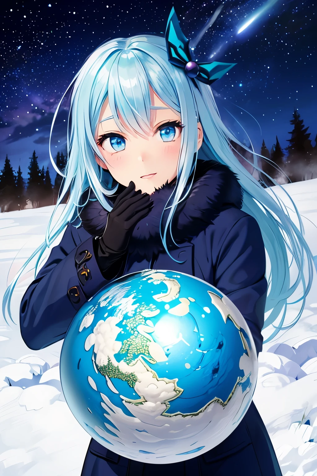 hills night sky. winter, winter colors, winter landscape, sky with stars, sky colors prussian blue cobalt blue purple cyan. planets, bright stars, shooting stars, windblown treetops moved by the wind, thre beautiful blonde girl in winter clothes observes the starry sky with a dreamy look.