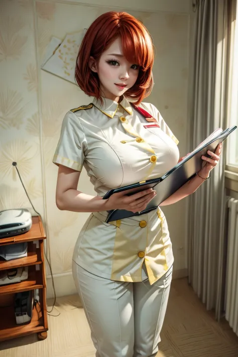 chris、25 years old、redhead shortcuts、light yellow nurse's uniform with pants、white stockings、having clipboard tall、beautiful wom...