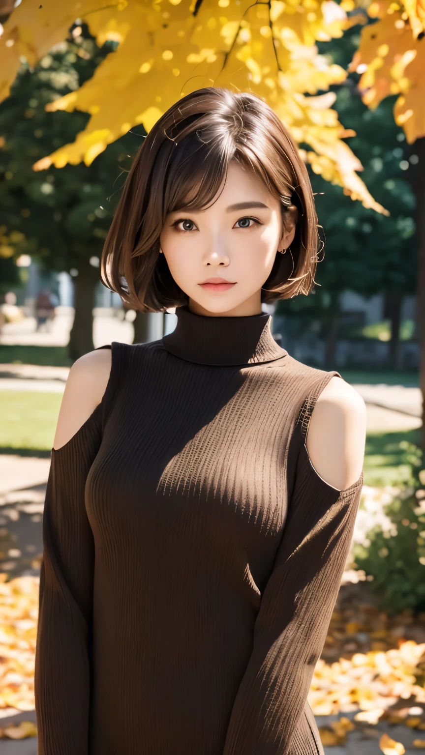 one girl、brunette hair、supermodel with perfect body、short bob、wear（black turtleneck sweater dress）、An ennui look、Detailed body with feminine fit、Detailed skin of skin and face、Depth of bounds written、Skin details、cafe daylight、autum、garden、autumn leaves、RAW photo、highest quality、Highest image quality、ultra high resolution、master piece:1.3、８ｋ