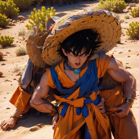 Goku, Wearing a Sombrero, in a hot, sunny, desert