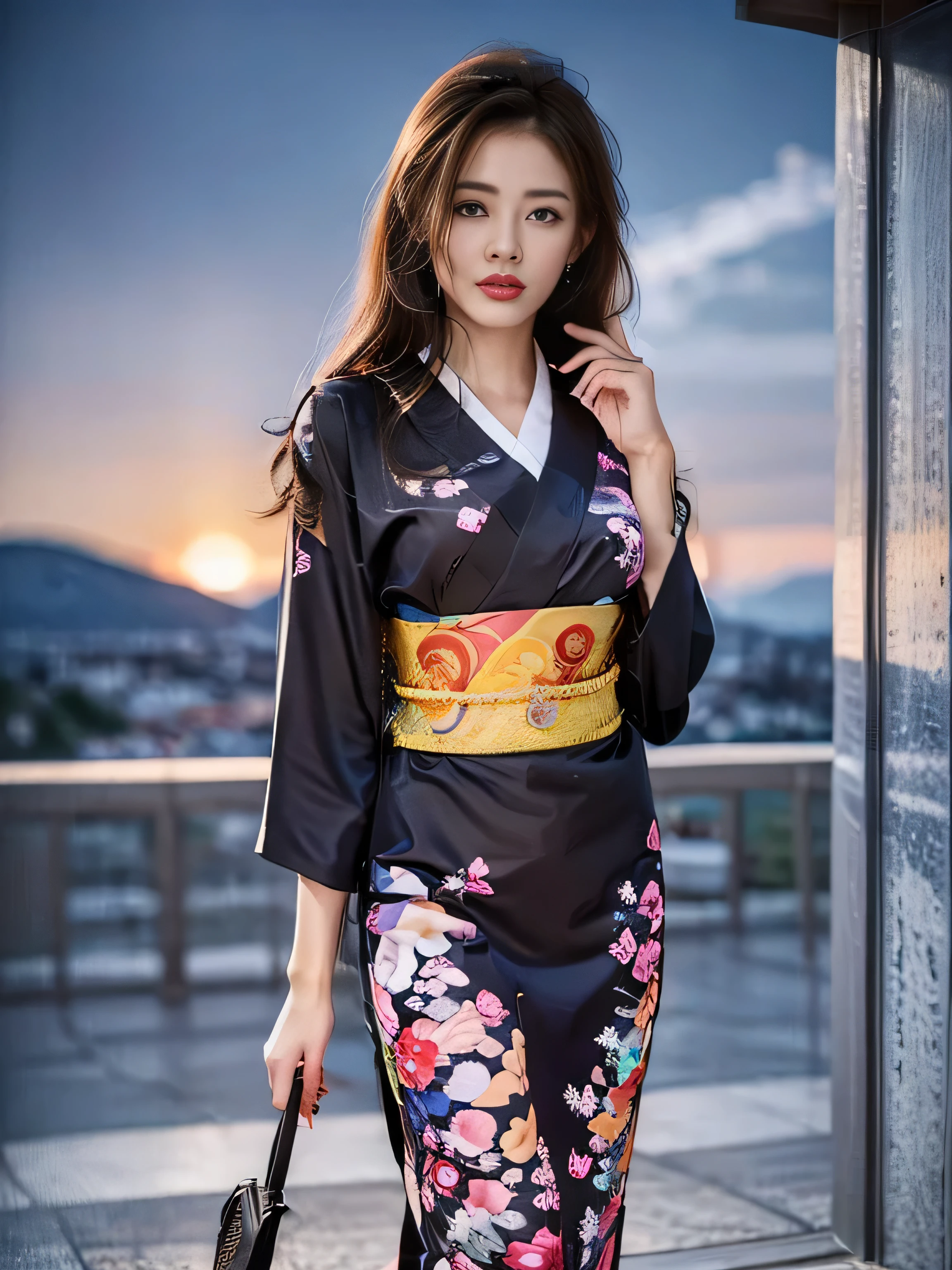 1 female、(super beautiful)、(Beautiful and sad face:1.5)、(detailed face:1.4)、Early 30s、(red pattern on black kimono:1.3)、(Wearing heavy makeup)、(red lips:1.3)、brown hair、(Just after sunset:1.2)、(The sky changes from sunset to night:1.3)、(Backlight)、If someone takes you、I want to kill you、Joren Falls、I want to see you even if I pass through the dazzling flameountain. Gancheng、unforgivable love