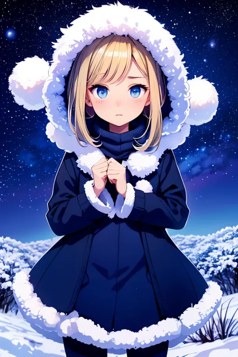 hills night sky. winter, winter colors, winter landscape, sky with stars, sky colors prussian blue cobalt blue purple cyan. planets, bright stars, shooting stars, windblown treetops moved by the wind, thre beautiful blonde girl in winter clothes observes t...