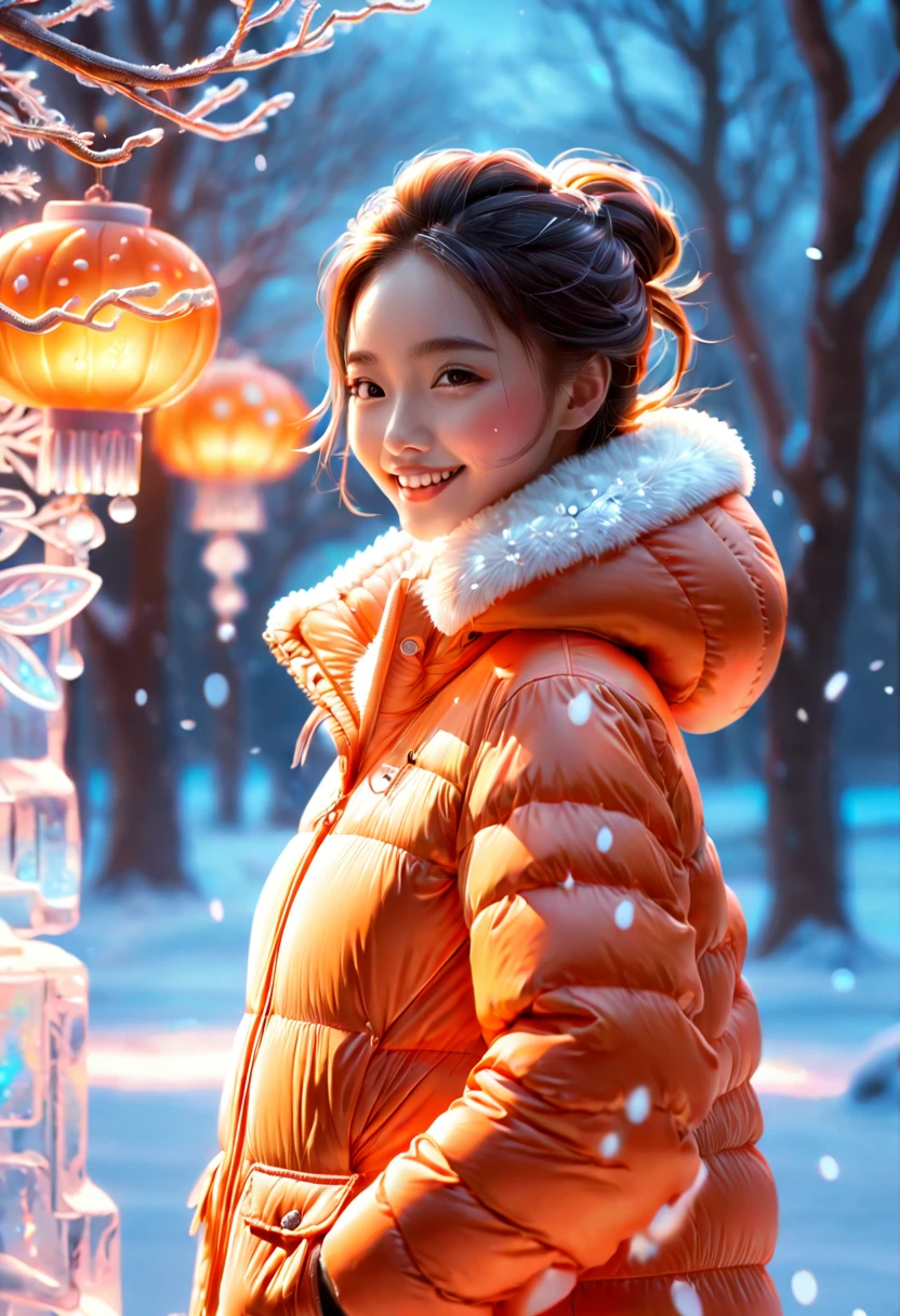 An imaginative and detailed illustration of a fantasy female friend, depicted as a cute and beautiful girl. Her face is lit up with a happy smile, and she is fashionably dressed in a bright orange puffer jacket. The setting is a magical ice sculpture world, with an icy, snowy landscape filled with snowflakes. The girl is a blend of wisdom, beauty, and diligence, representing a sweet and ideal character. The image is created with creative flair, showcasing the girl enjoying herself in this enchanting, frosty environment, embodying a sense of joy and wonder, , (花卉水彩画:1.5)，(超高饱和度, 色彩明亮鲜艳:1.5), (nsfw), (正面看着观众:1.5)