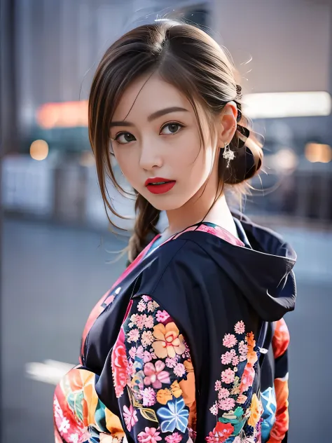 1 female、(super beautiful)、(Beautiful and sad face:1.5)、(detailed face:1.4)、Early 30s、(red pattern on black kimono:1.3)、(Wearing...