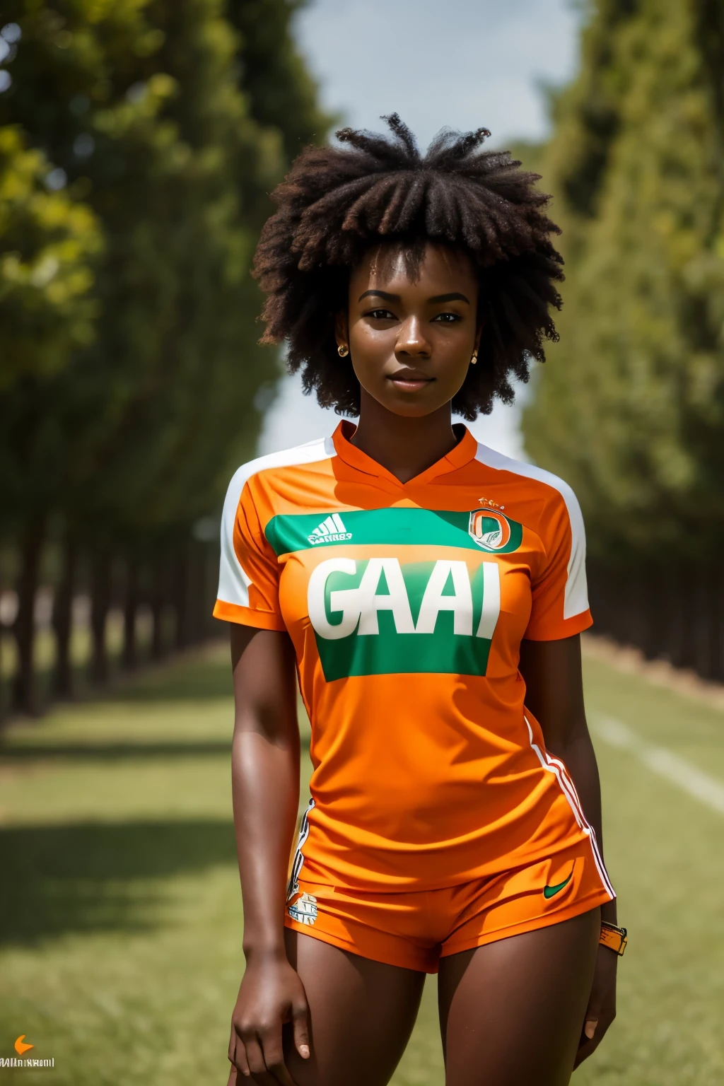 A close up of a woman in an orange and green soccer uniform - SeaArt AI