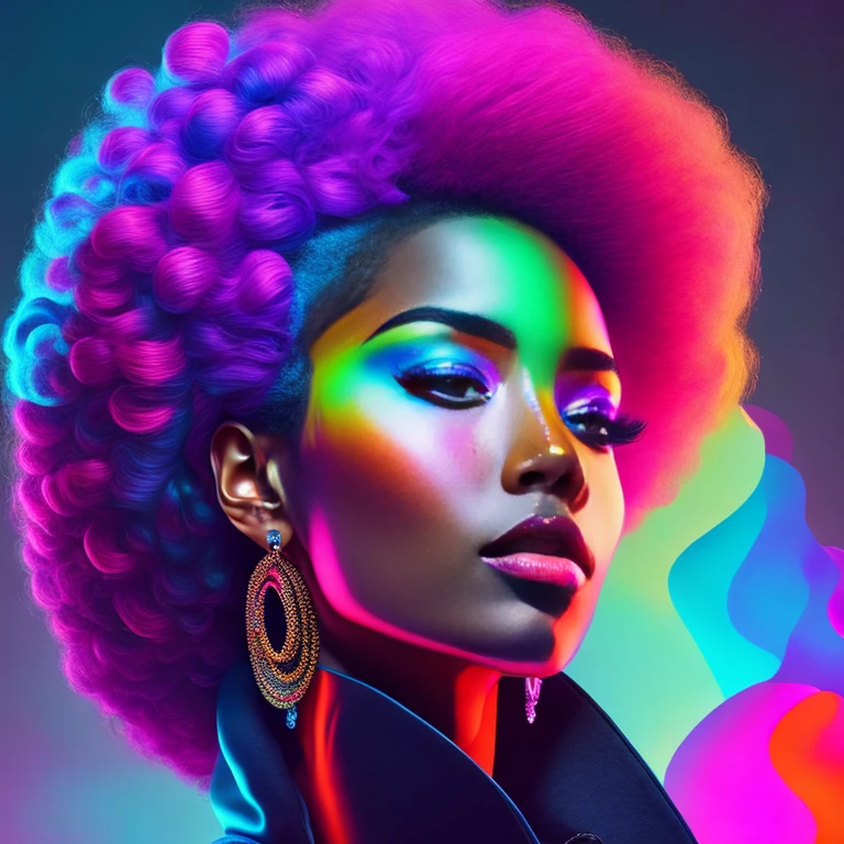 a woman with afro moocano hair and earrings, high colored texture, portrait color glamour, detailed color portrait, neon color bleed, high-quality portrait, colorized portrait, ultraviolet and neon colors, color studio portrait, full-colour illustration, vibrant colors hyper realism, vibrant neon colors, pop and vibrant colors, cor neon, colorful fashion, cyberpunk style color, iridescent illustration