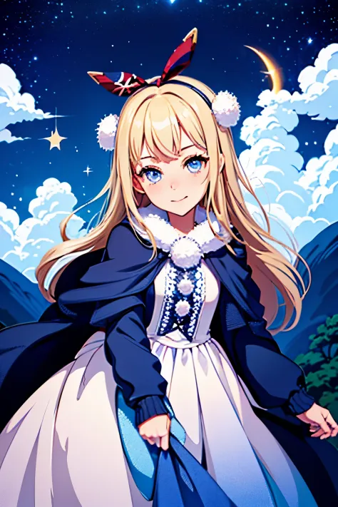 hills night sky. winter, winter colors, winter landscape, sky with stars, sky colors prussian blue cobalt blue purple cyan. planets, bright stars, shooting stars, windblown treetops moved by the wind, thre beautiful blonde girl in winter clothes observes t...