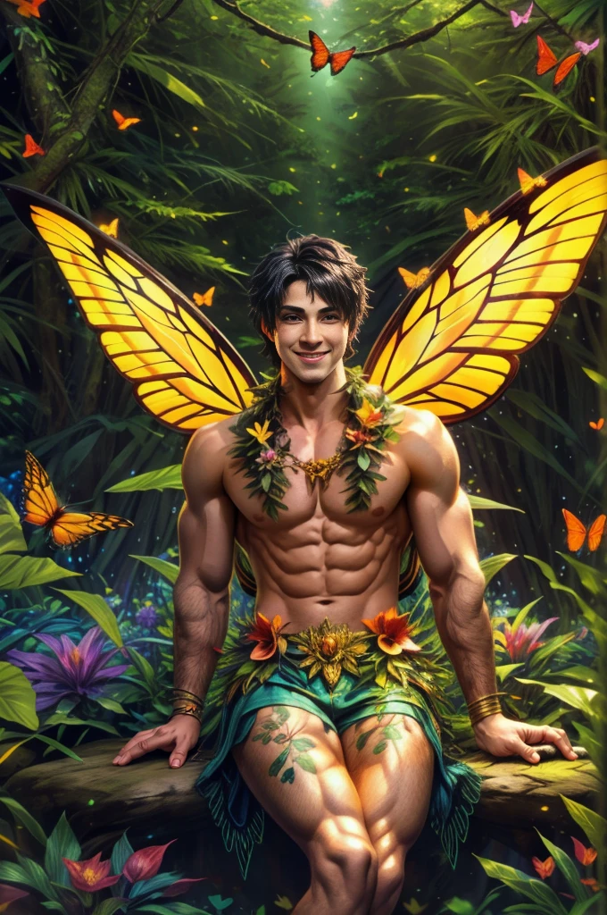 artwork, Male fairy, muscular arms and legs, strong chest, short black hair, wings, shine, shine, sitting with legs apart in an enchanted forest, butterflies, vegetation, Flowers, sexy and charming smile, looking at the viewer with
