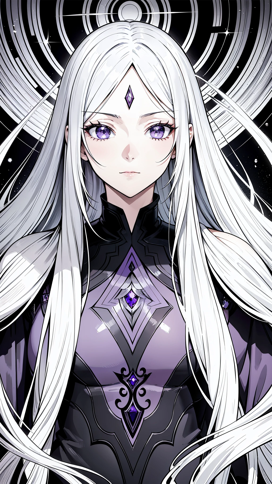 {8k image}, 1beautiful woman, mature appearance, purple eyes, extremely long white hair, wearing a wizard outfit, looking at the viewer with neutral expression, face centered forward, focus on face, {face portrait}, background mountain, manga art style, manga lineart, beautiful lineart