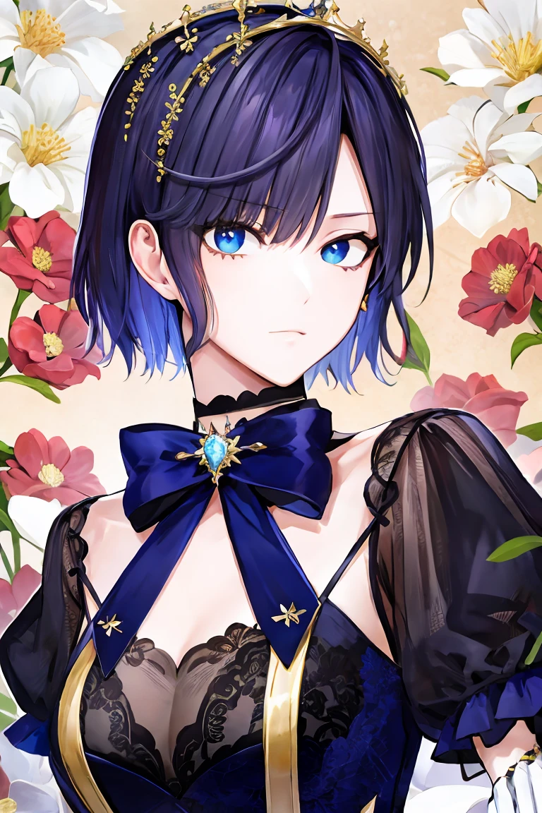 shoujo-style, jk style, (floral background), romance manhwa, (nagisa), 1girl, solo, short hair, flower, dress, tiara, white dress, gloves, long sleeves, choker, mascara, makeup, white gloves, black bow, black flower, bow, jewelry, looking at viewer, collarbone, puffy sleeves, silver accessories, upper body, bangs, blue dress, frills, closed mouth, detailed eyes